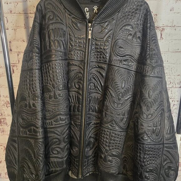 Al Wissam Men’s Embossed Genuine Leather Bomber Jacket Big & Tall, Tribal Design - Picture 2 of 15